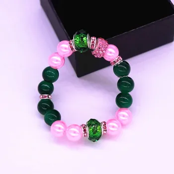 Customize Design Cheap Fashion Sorority Alpha Symbol 10mm Pink Pearl Green Glass Beads Stretch Bracelets