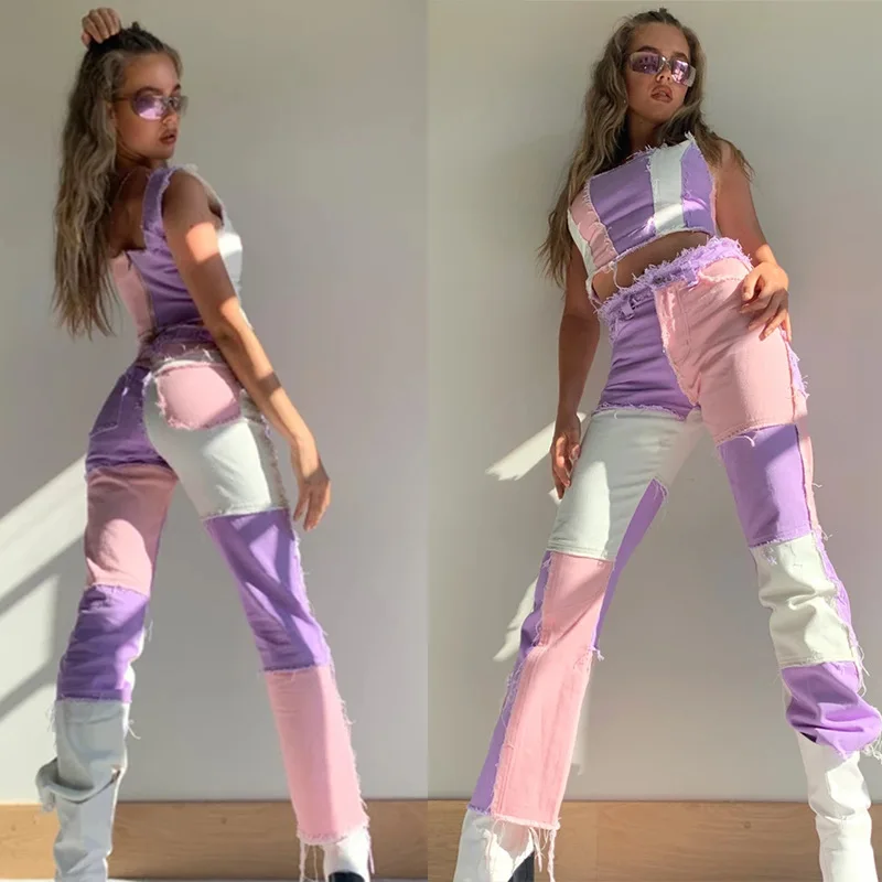 New Spring Pink Patchwork Jeans Women 