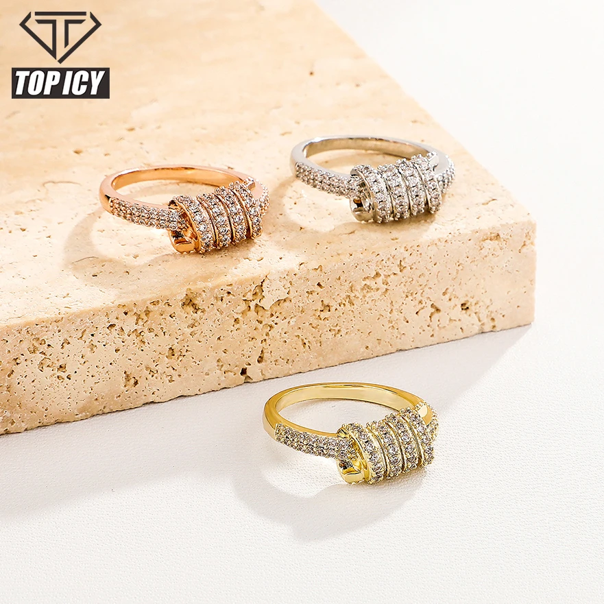 TOP ICY Spiral Design Rose Gold CZ micro setting gold rings design for women iced out Rope knot fancy rings for women