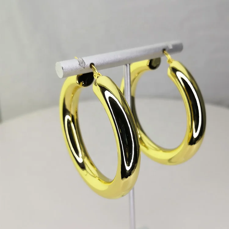High Quality 18K Gold Plated Brass Jewelry Large Hollow Tube Round Hoop Earrings E211289
