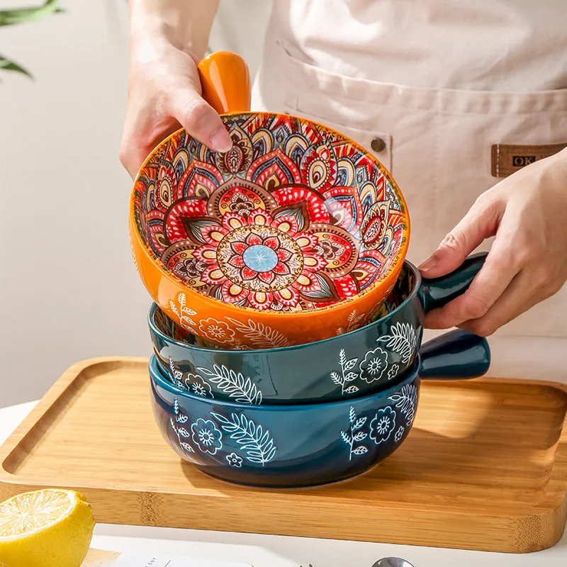 product wholesale durable bohemian ceramic single handle bowl creative relief handle bowl colorful ceramic dinnerware set560-7