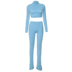 Fall Blue Bodycon 2 Two Piece Pants Set Casual Party Clothing For Women 2023 O Neck Long Sleeve Crop Top Pants Set