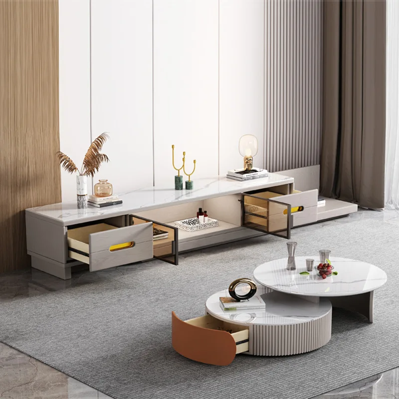 Modern Light Luxury Rock Slab Coffee Table TV Cabinet Combination Living Room Retractable Simple TV Stand Storage Floor Cabinet