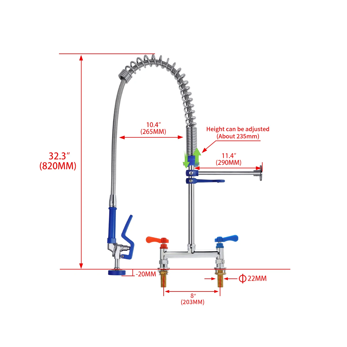 Factory Custom Commercial Kitchen Faucet 32/38-Inch Deck Mount Brass Spray Dual Handle Pre-Rinse Mixer Sink Taps Hot Cold Water details