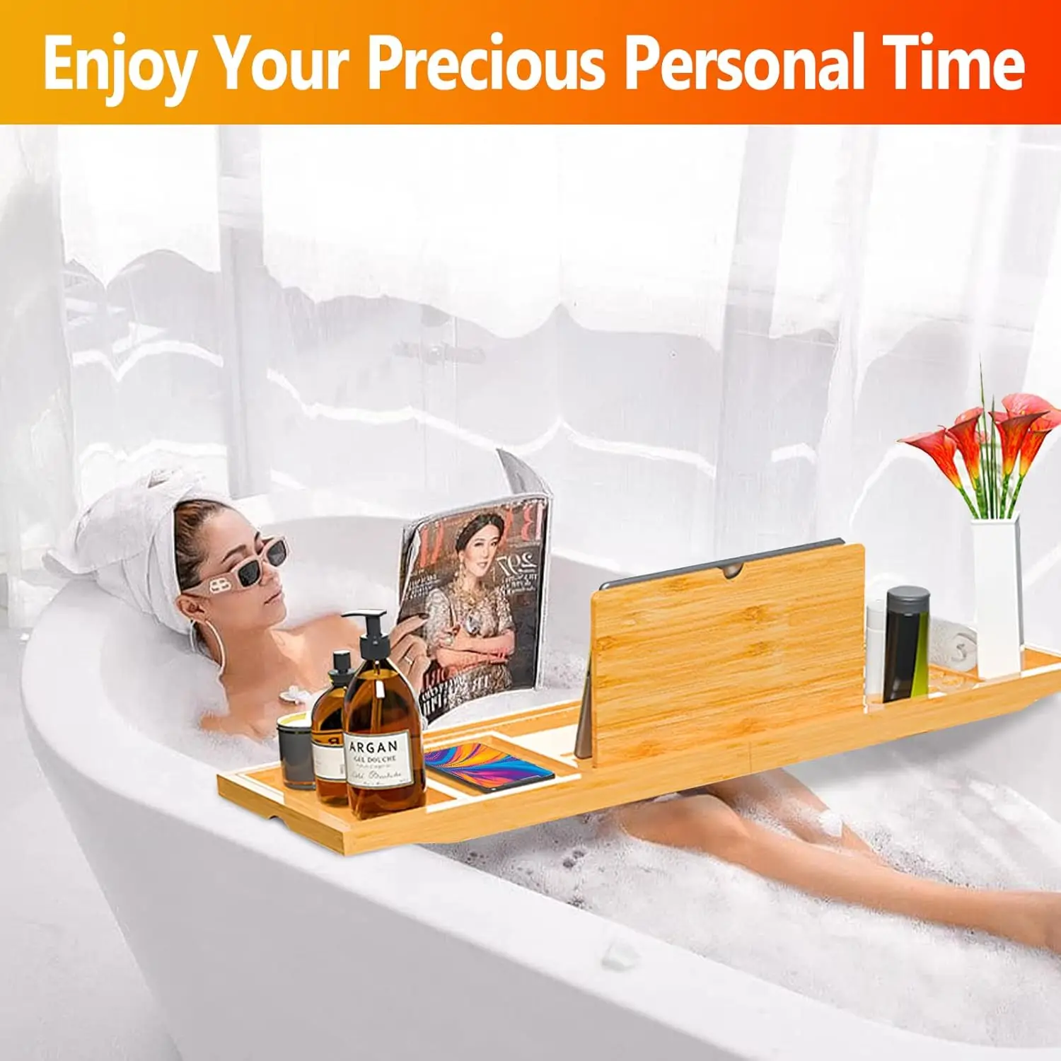 product premium bamboo bathtub caddy tray expandable foldable bath tray with anti slip grips soap wine phone-2