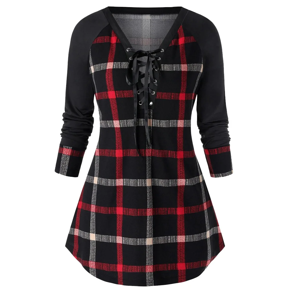 Women Plaid Lace Up Tunic Blouse Top 