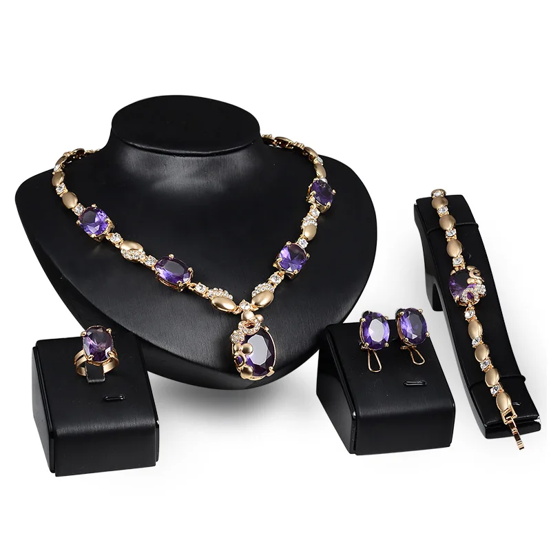 Purple Gold Jewel Necklace and Earring Set