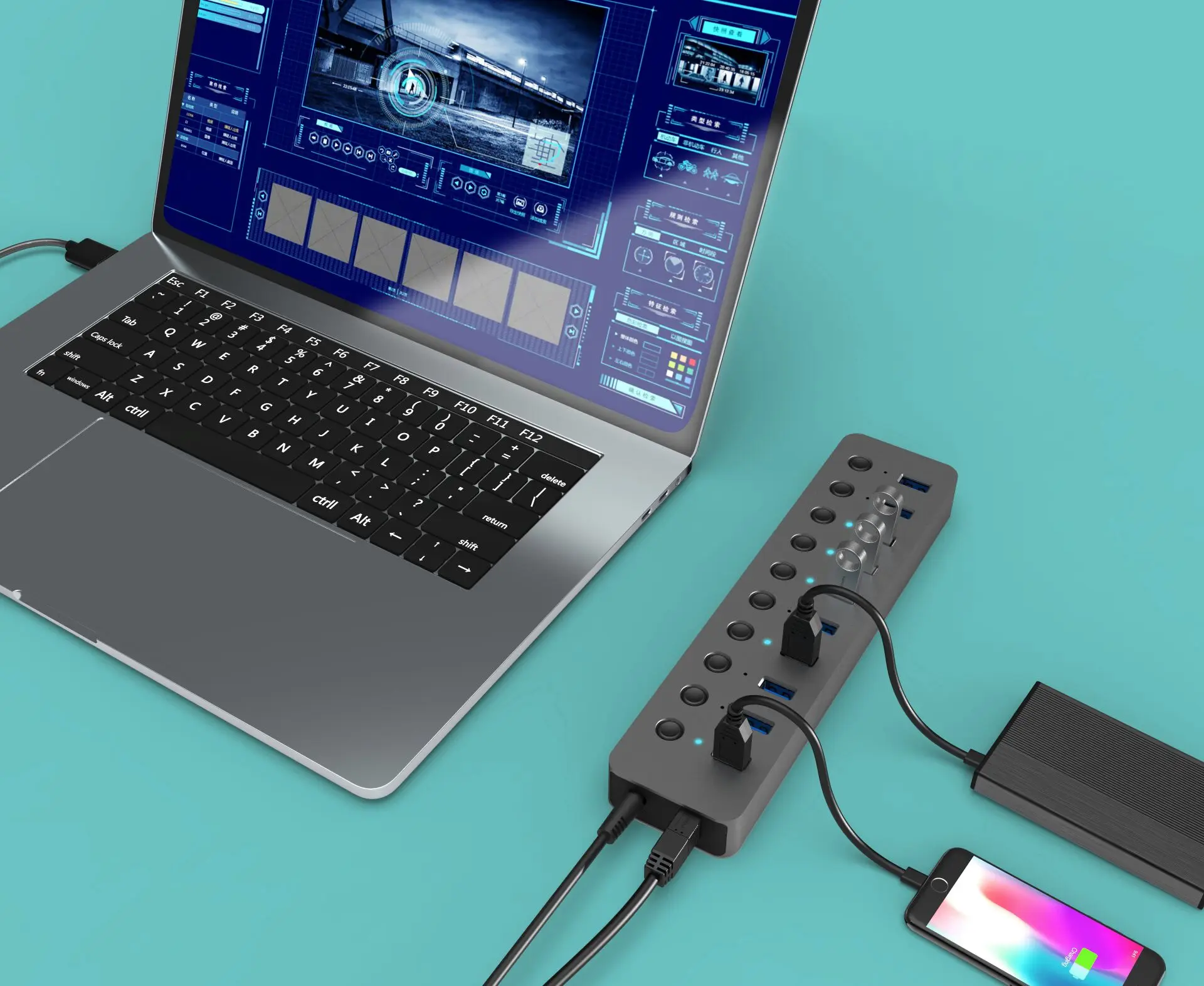 Factory Original 10 In 1 Usb Hub With Individual Switches Power Adapter 100W Charging Usb 3.0 Led Lights Plug Play 3.0 H 1