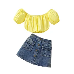 RTS 2023 summer toddler girls clothing sets new fashion two piece denim skirt outfits little girls boutique clothes