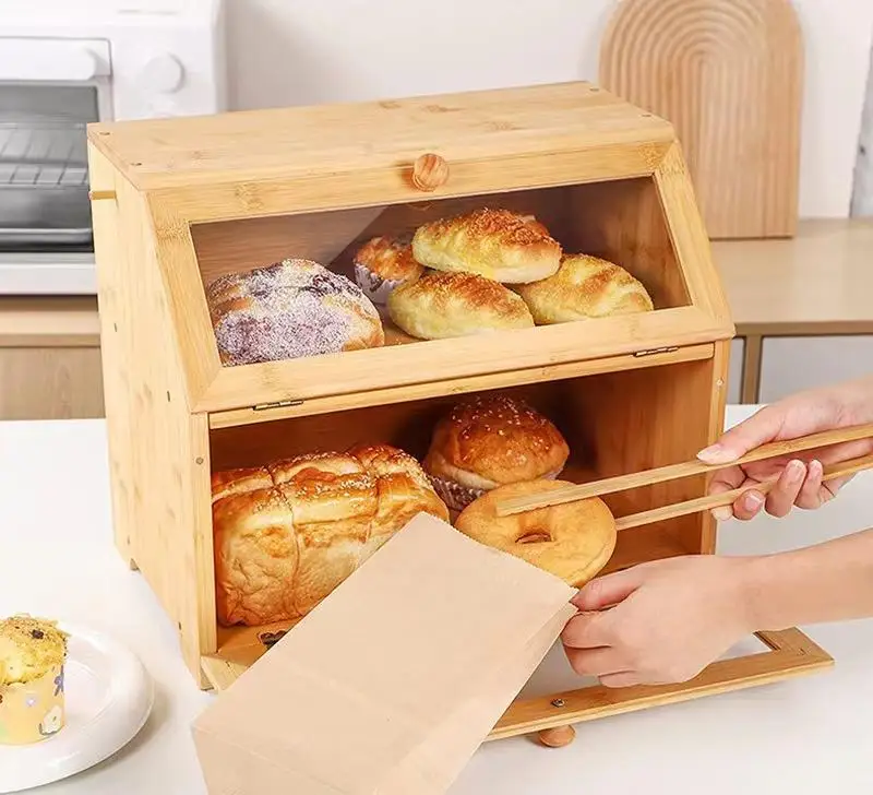 Extra Large Double Layer Natural Bamboo Bread Box with Clear Windows for Kitchen Countertop