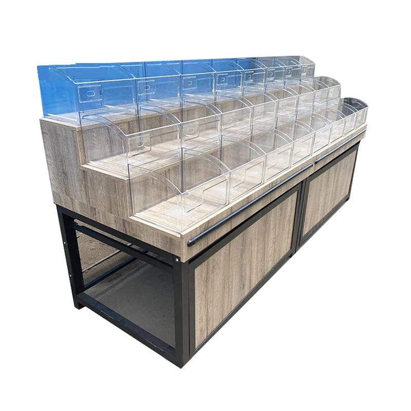 Meicheng Wholesale Commercial Snack Display Stand Wood Bulk Food Displays Customized Nuts Grains Racks Candy Rack Display