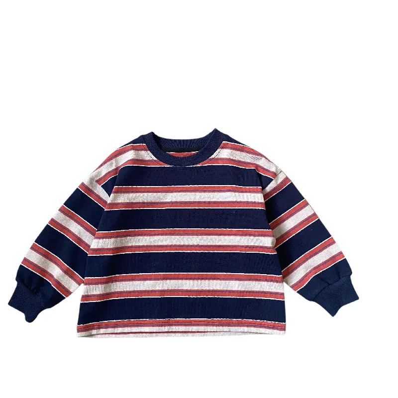 Boy's striped sweatshirt 2023 fall new children's clothing loose top baby autumn round neck long sleeve undershirt
