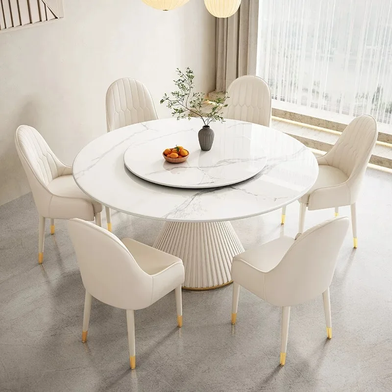 Light Luxury Rock Slab Dinning Table Set For 6 With Turntable Household Round Carbon Steel Restaurant Hotel Dining Table Set