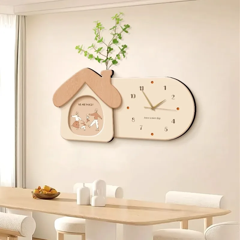 Wooden Family Wall Clock House Shaped Silent Non Ticking With Plant Vase Minimalist Beige Home Decor Living Room Kitchen