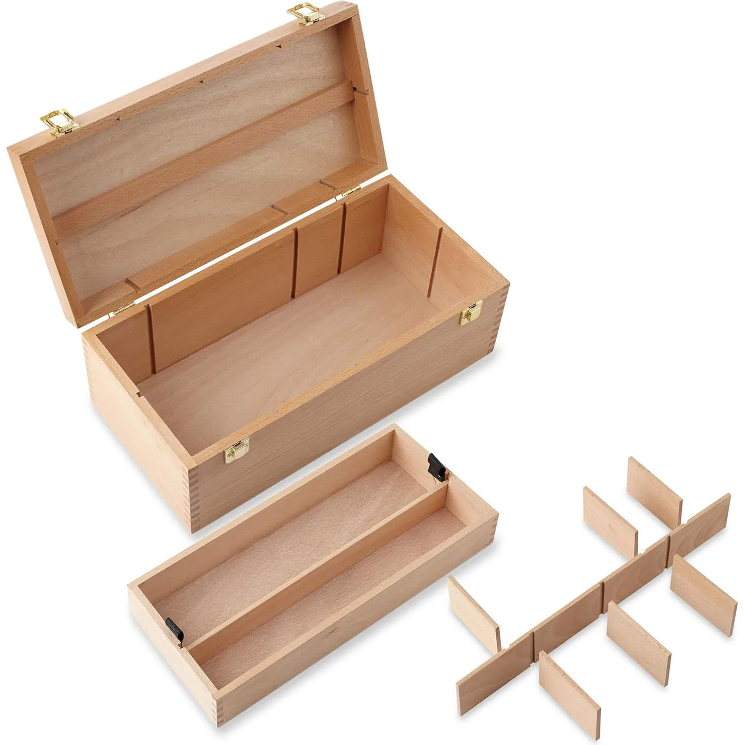 Art Supply Multi-Function Unfinished Beechwood Artist Tool Storage Box with Removable Tray & Locking Clasps