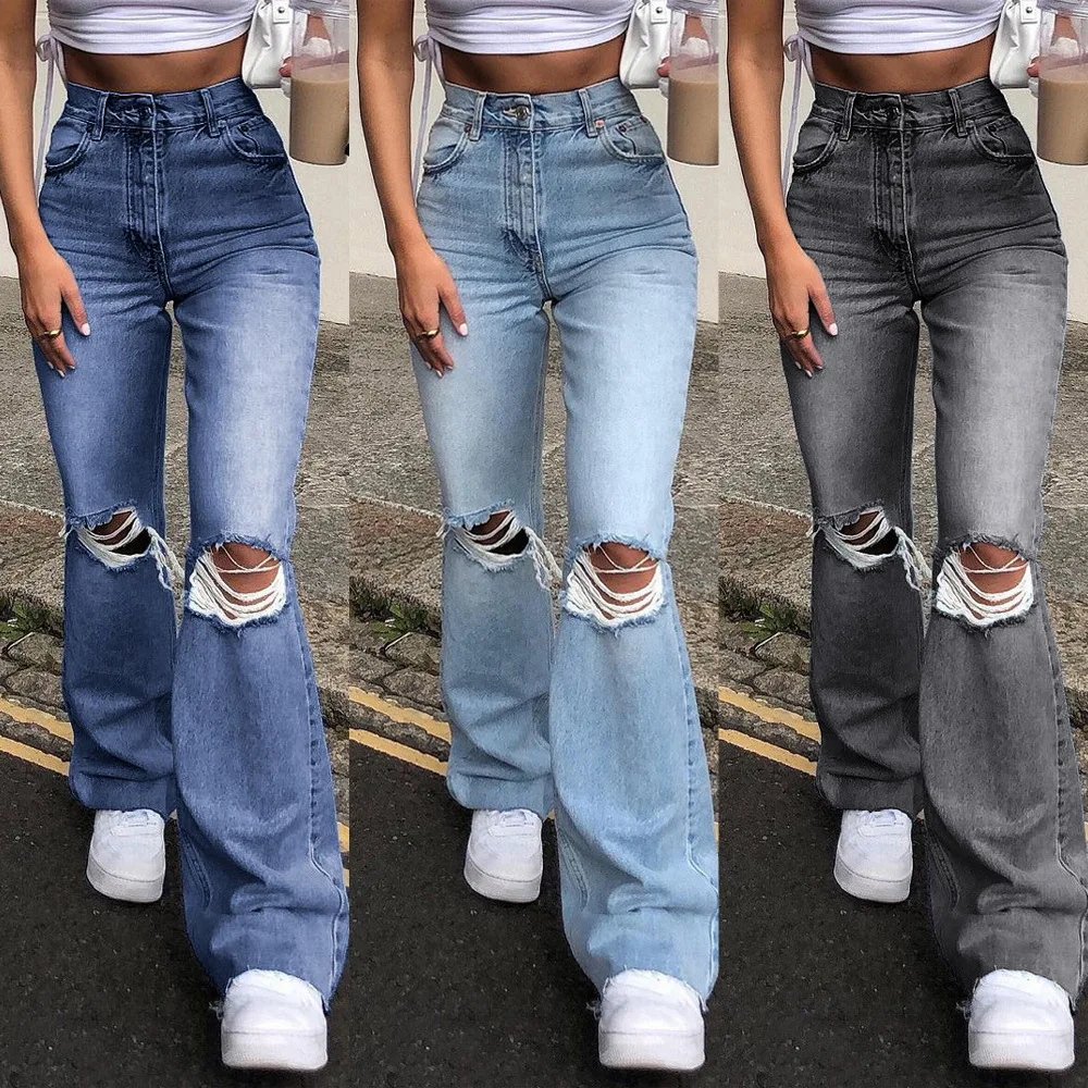 New Casual Fashion Zipper Pocket Wide Leg Pants Ripped Flare Denim Womens Jeans manufacture