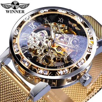 Winner Golden Watches Men Skeleton Mechanical Watch Crystal Mesh Slim Stainless Steel Band Top Brand Luxury Hand Wind Wristwatch