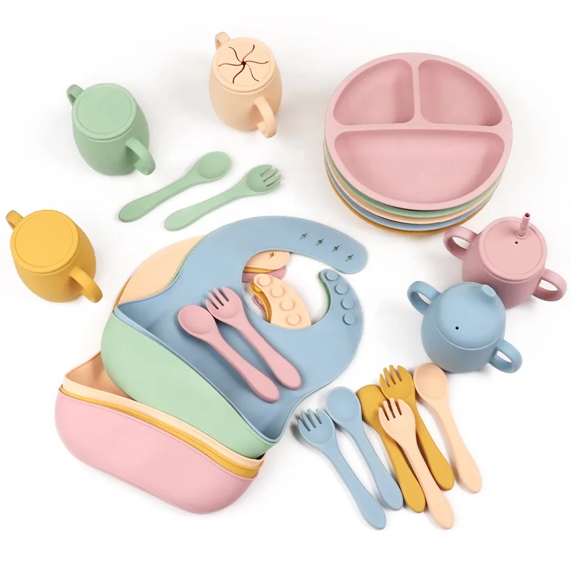 Food Safe Ecofriendly Baby Kids Feeding Plate Set Silicone Bib Mold Plates Bowls Spoons Eating Utensils For Toddler