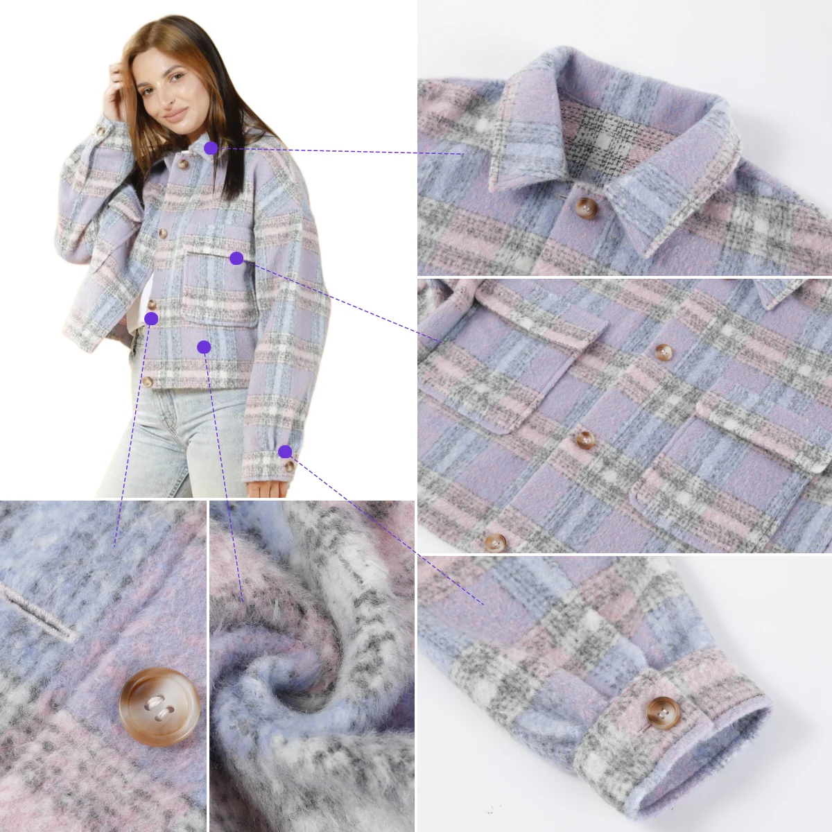 Custom Winter Bohemia Women Button Up Fleece Wool Fabric Purple Plaid Facket