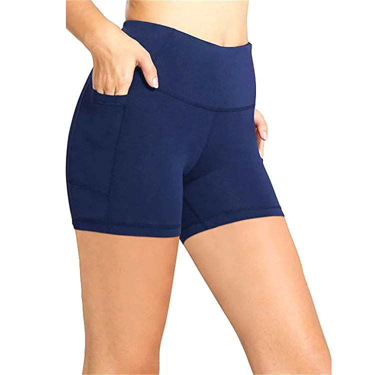 pantalones cortos para correr para mujer,sólido de cintura alta,ropa de Fitness,pantalones cortos de Yoga del sudor con bolsillo,para motorista,6 colores #1-Black 