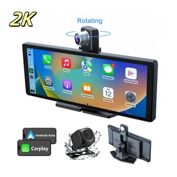 Portable 9.3 Inch Touch Screen Carplay Android Auto Display Multimedia 360-Degree Rotatable 2K+1080P Camera FM Transmitter Car