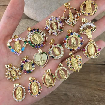 LS-B1109 Hotsale Dainty Charm 18k Gold Plated Rainbow CZ Micro Paved Blessed Mother Mary Saint Religious Pendants