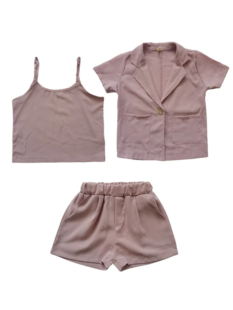 Hot selling toddler girls clothing sets solid color spring summer casual shirt three piece suits kids girls clothing