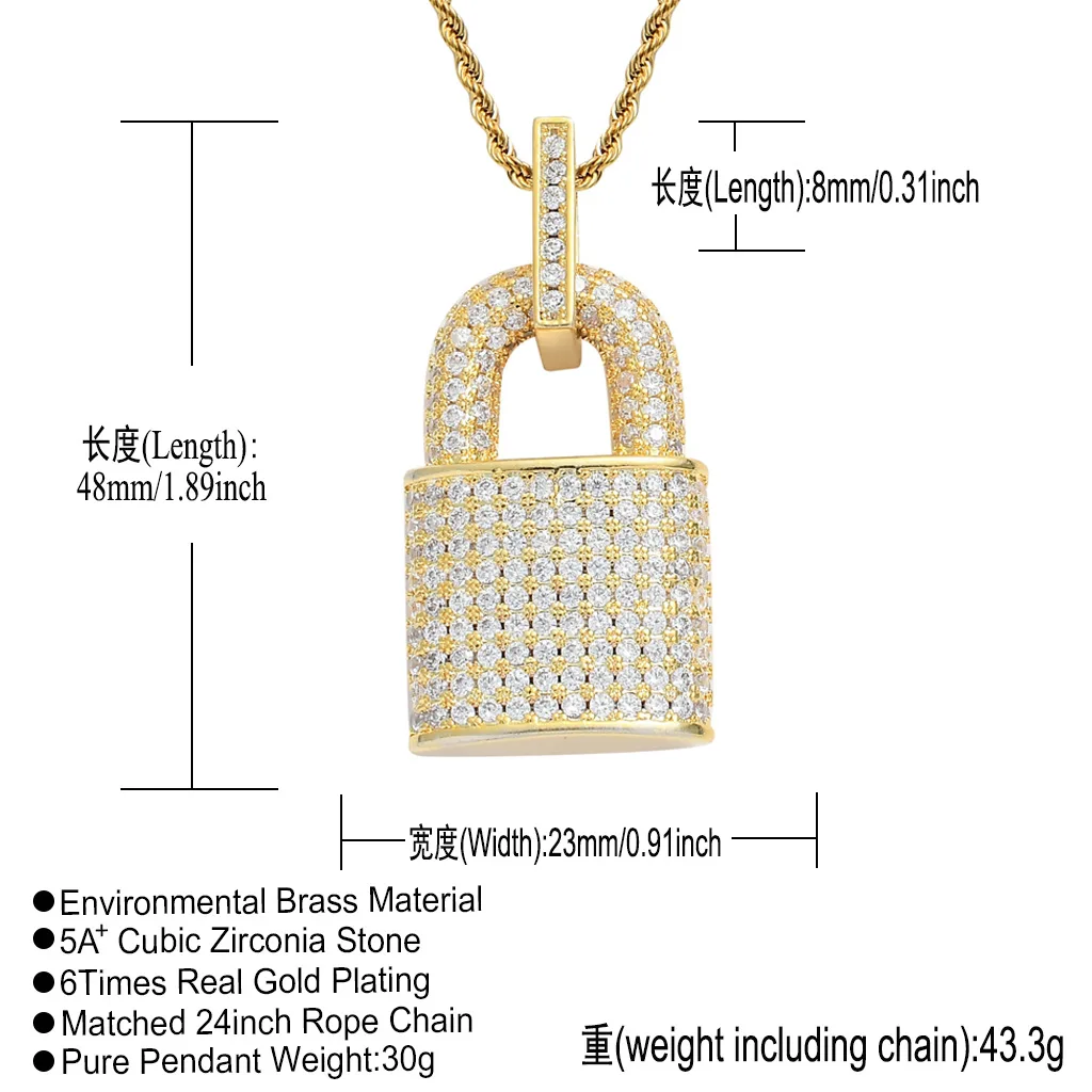 custom diamond jewelry necklaces,hip hop copper setting zircon gold plated lock necklace pendants jewelry gift for men women