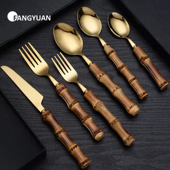 FANGYUAN eco dark natural real bamboo handle gold cutlery set stainless steel 304 flatware