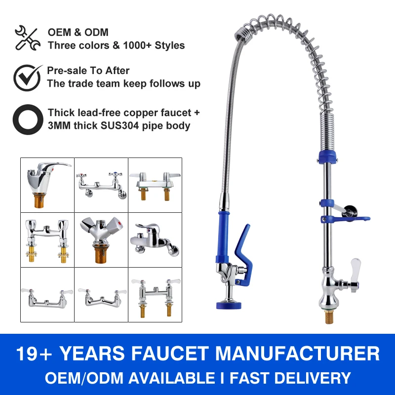 High Quality Chrome Commercial Pre Rinse Spring Pull Down Two Handle Kitchen Faucet with Sink Taps Deck Mount Swivel Faucets manufacture