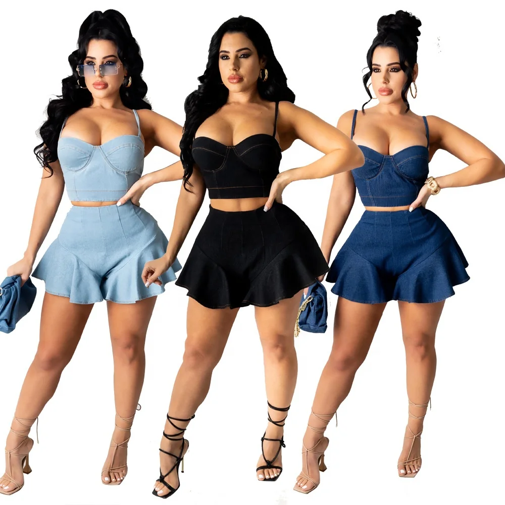 Women Sexy Ladies Denim Short Skirt Set 