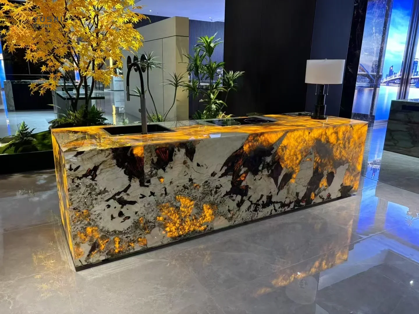 YUSHI Modern Luxurious Patagonia Natural Stone Kitchen Island Countertops Lumistone Vanity Tops Table Tops for Hotels Onsite factory