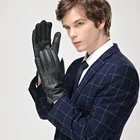 Leather Gloves Black Men's Leather Gloves Wholesale Fashion Men's Black Wool Lining Touch Screen Leather Gloves