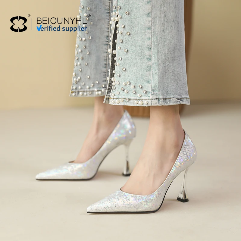 High quality New arrival four seasons shallow mouth slip-on pumps pointed toe slim luxury women sequins wedding shoes