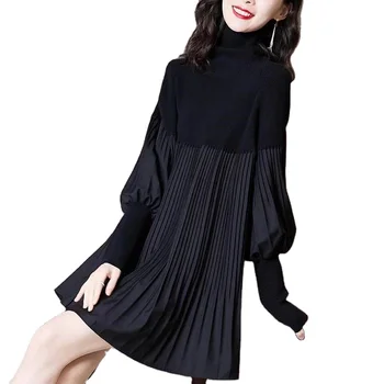 2021 new autumn and winter lantern sleeves Hepburn style little black dress large size fat mm age reduction loose slim dress fem