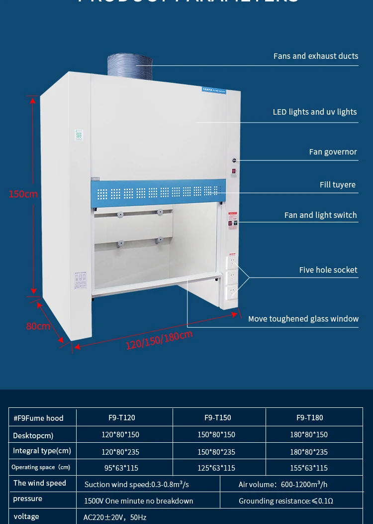 China Factory Direct Supply F9-DT-1800 Acid Alkali-Resistant Fume Hood Laboratory Equipment for School Labs