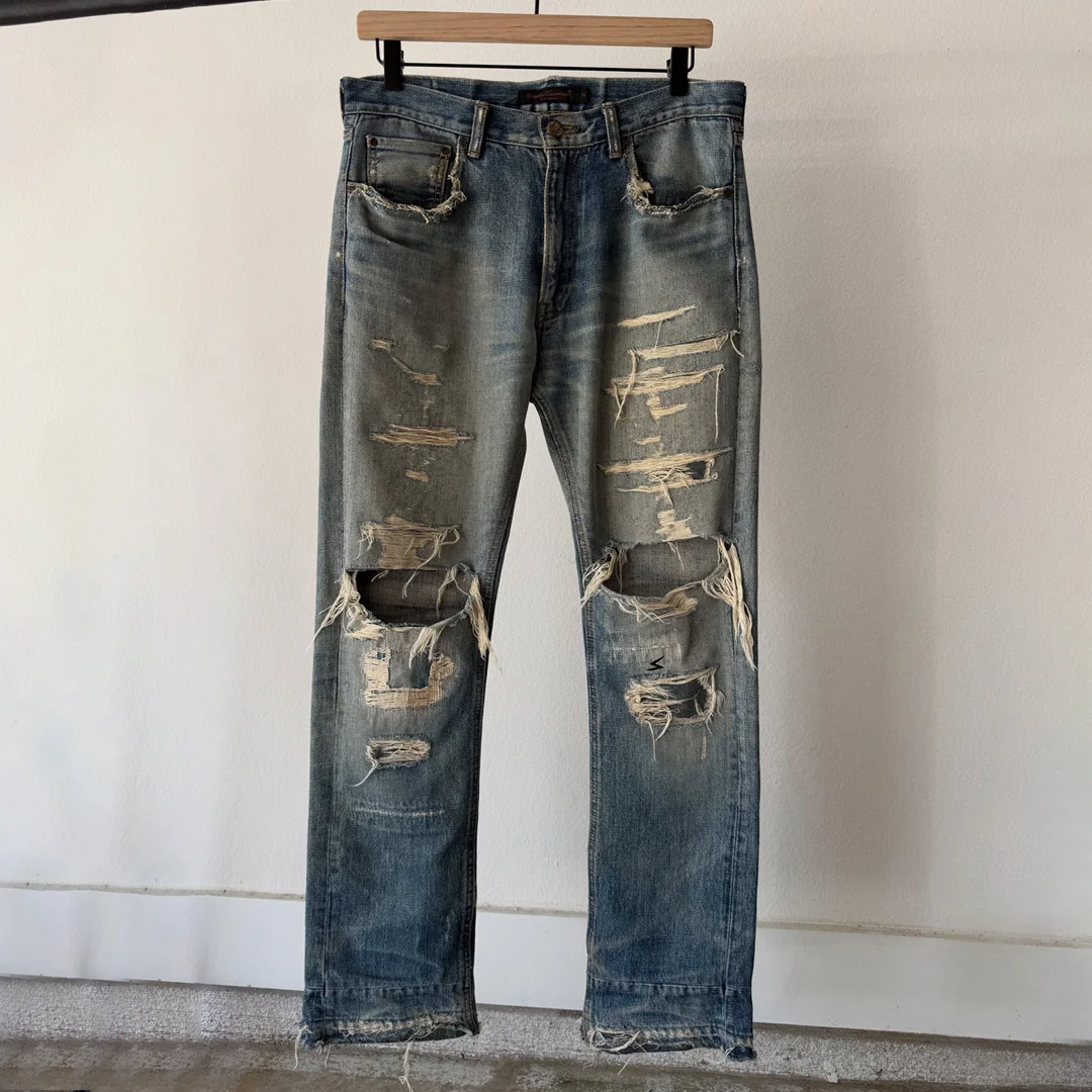 product oem clothing manufacturer men light blue heavy ripped flare denim pants streetwear distressed jeans wholesale-3