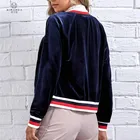 Fashion Zipper Fly T Striped Trim Kangaroo Pocket Velve Bomber Jacket Women