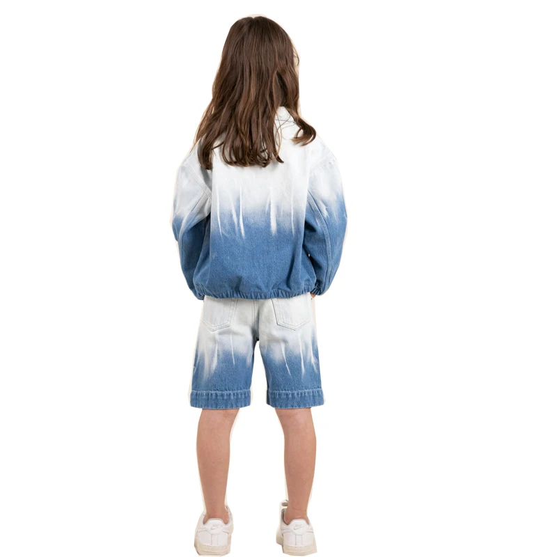 England Style OEM Service  Denim Children Wear Long Sleeve Jacket With Short Pant 6-16 Years Unisex Kids Clothing Sets