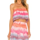 Set Skirt Tie Dye 2 Piece Set Summer Strapless Top Midi Skirt Front Slit Women Fashion Set
