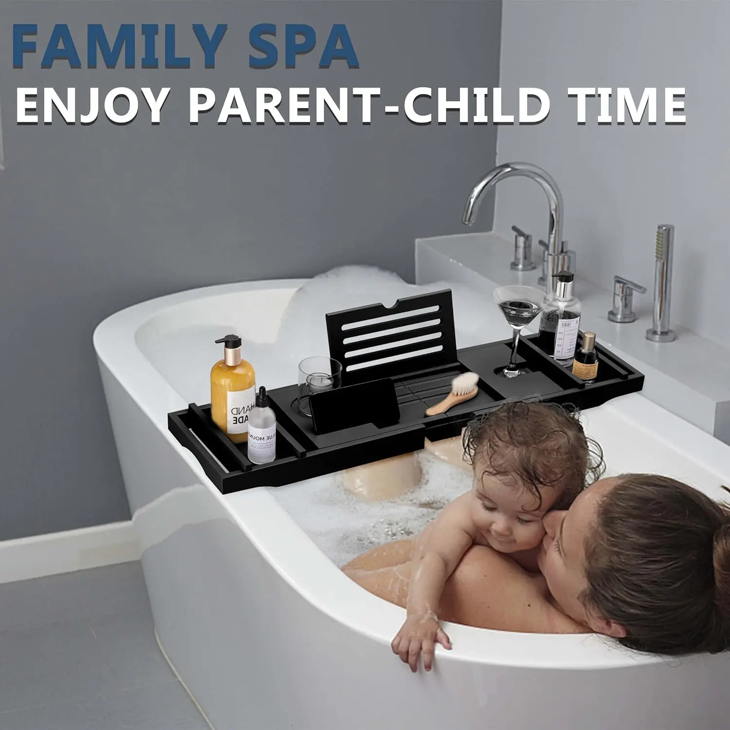 product foldable bamboo bathtub caddy tray with slide out arms book and wine glass holder-1
