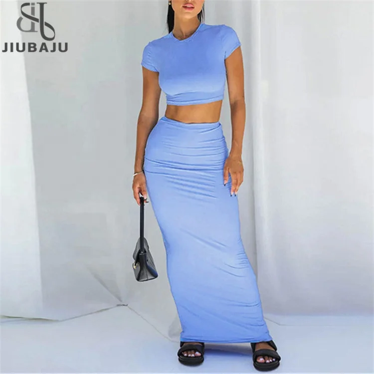 Women's Casual Solid Two Piece Set Short Sleeve O-neck Top T-shirts + Hip Long Skirts Female Dresses Suit