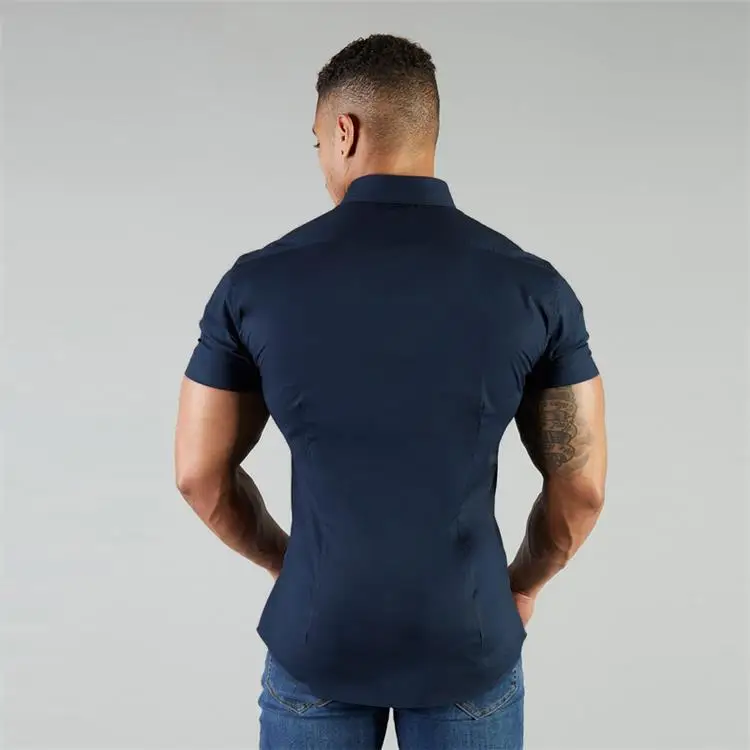 Muscular Men Stretch Shirt Stand Collar Short Sleeve Breathable Sports Cardigan Fitness Clothes