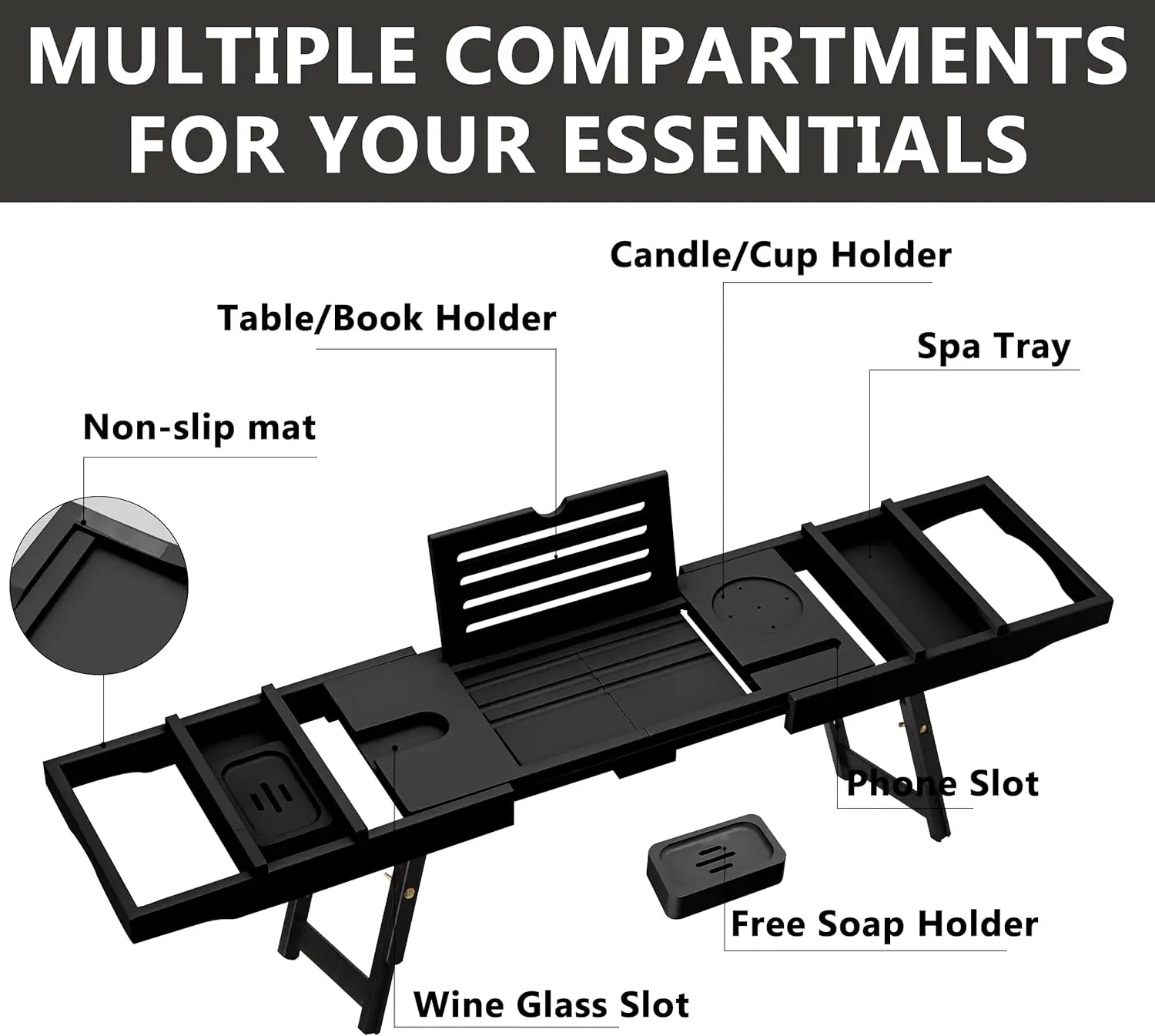 product foldable bamboo bathtub caddy tray with slide out arms book and wine glass holder-2