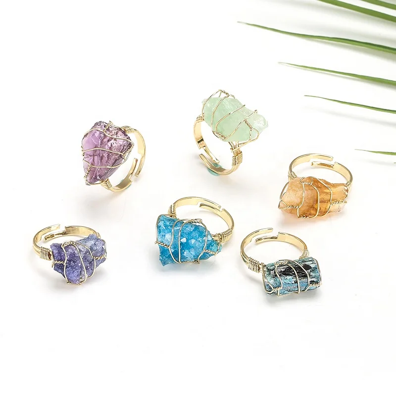 Wire Wrap natural mineral Quartz Women Bague Fluorite Rings Crystal doigt l8f5