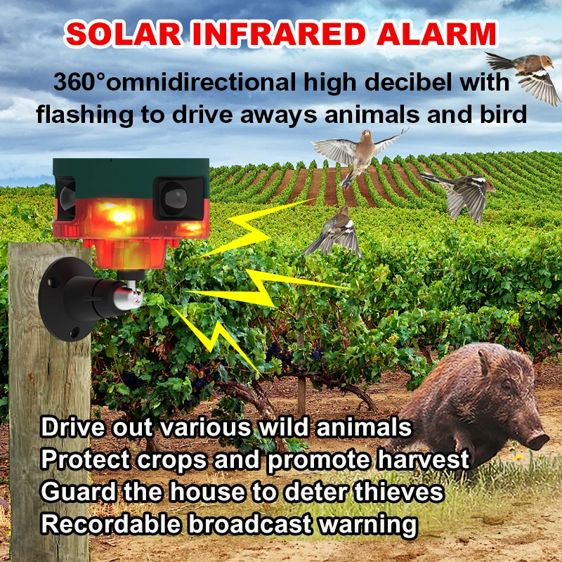 2023 New Arrival Wireless Solar RF Remote Alarm Siren Solar Animal Repeller With Built in 13 sounds and Recording