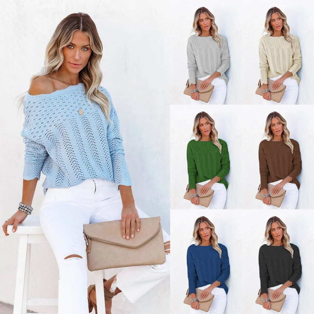 Imysty Womens Sweaters Crewneck Long Sleeve Side Slit Casual Pullover Sweater Knitted Jumper Tops