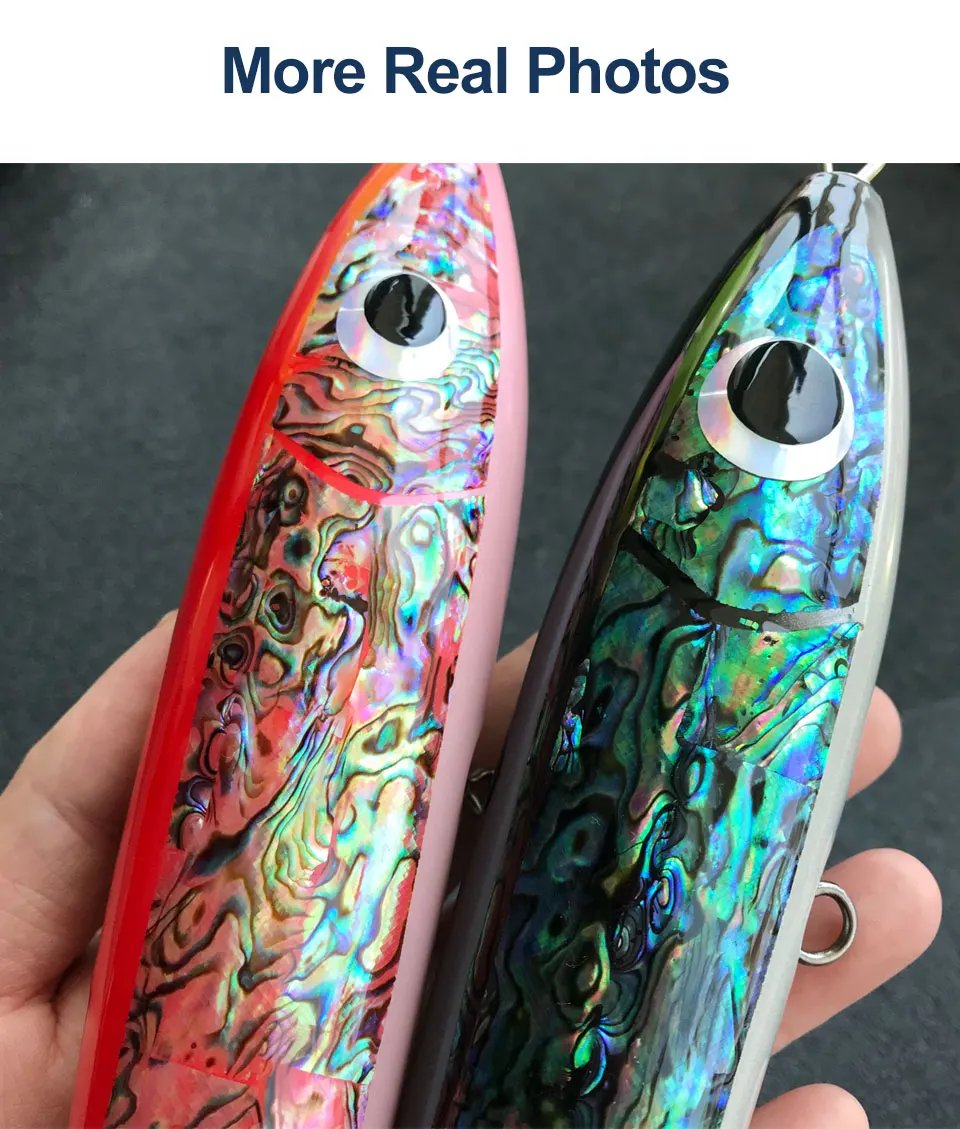 Topwater Tuna Trolling Lure Abalone Shell Wooden Lure 120g 17cm Stick