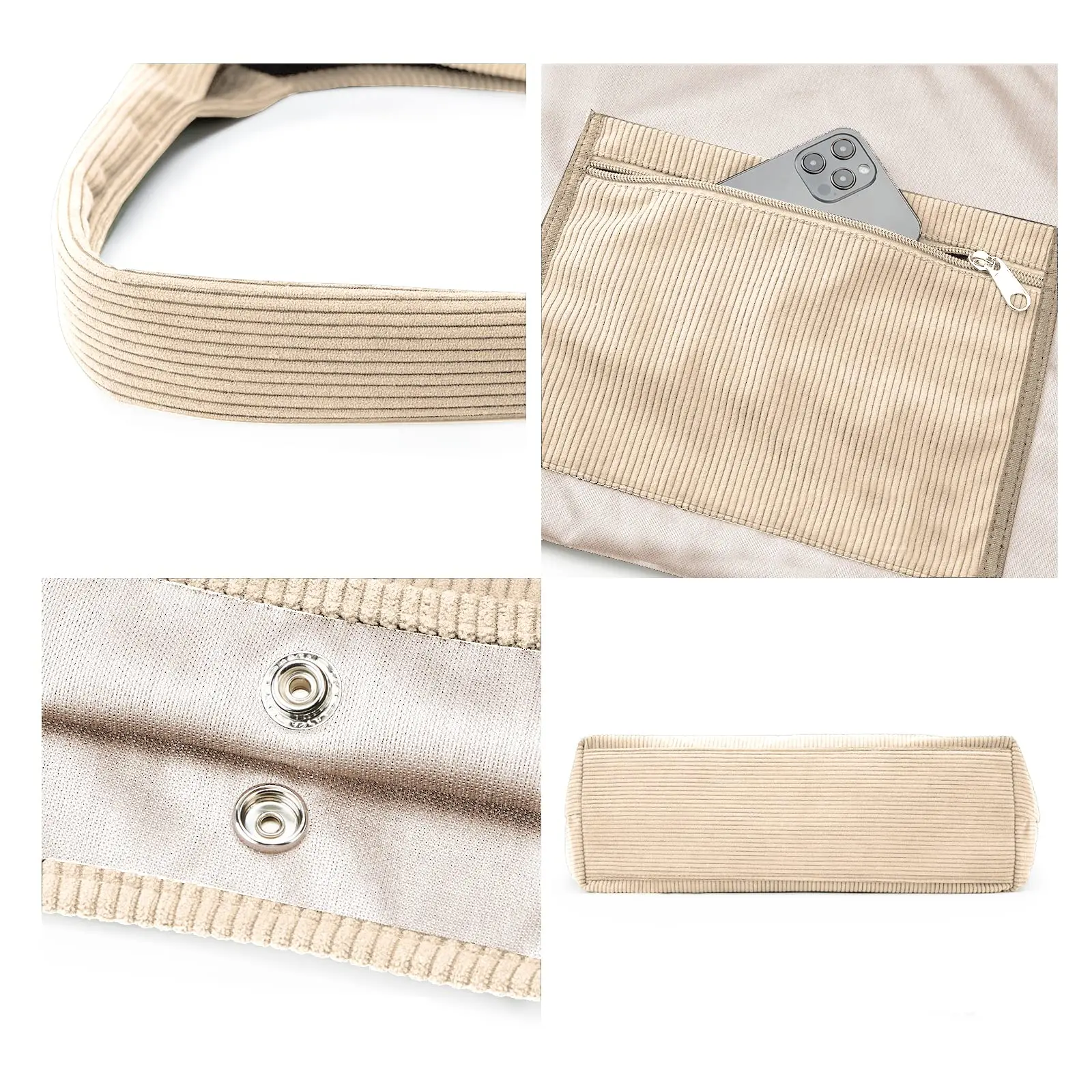 Wholesale Korean New Product Material OEM Fashion Reusable Shoulder Corduroy Tote Bag With Pocket manufacture