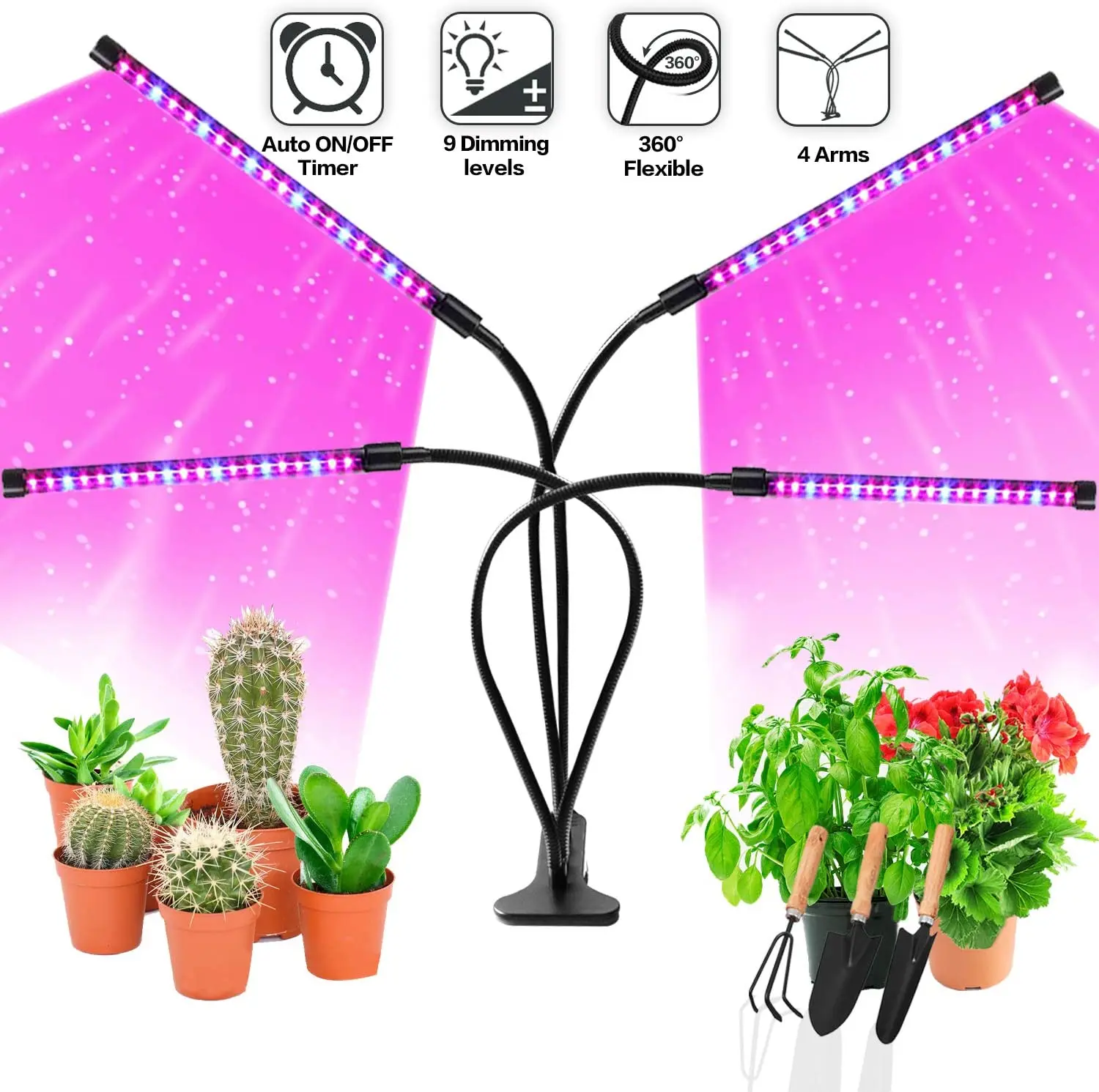 30W 360° 60 LED Grow Lights 3 Head Timer Dimmable Red & Blue Spectrum Plant Lamp 
